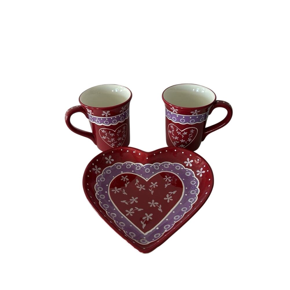 Mesa Home Heart Plate & 2 Mug Set Red Purple Valentine Coffee Set Hand Painted